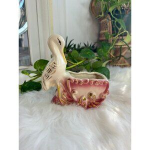 Vintage shafer 23k gold bird pink planter flowers crane